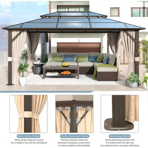 Large 12'x16' Outdoor Gazebo - Double Roof Canopy w/Curtains, Netting for Patio