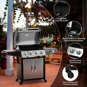 Stainless Steel 4-Burner Gas Grill BBQ Cabinet Style Propane with Side Burner