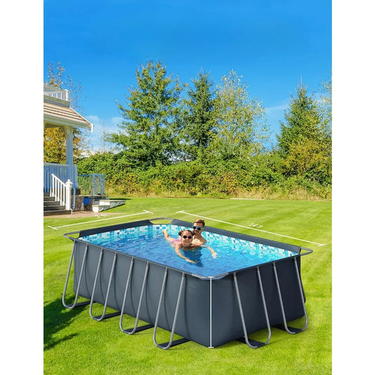 Rectangular 14'x7'x48" Metal Frame Above Ground Pool Set - Family Swimming Pool with Filter Pump