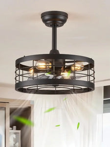 Farmhouse Ceiling Fan Light - 16.5" Black Caged, Industrial Bladeless