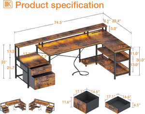 L Shaped Desk with File Drawer | 75" Reversible Computer Desk