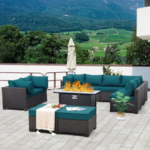 Load image into Gallery viewer, 10-Piece PE Wicker Outdoor Furniture Set, 45&quot; Gas Fire Pit Table, 5&quot; Thick Cushions