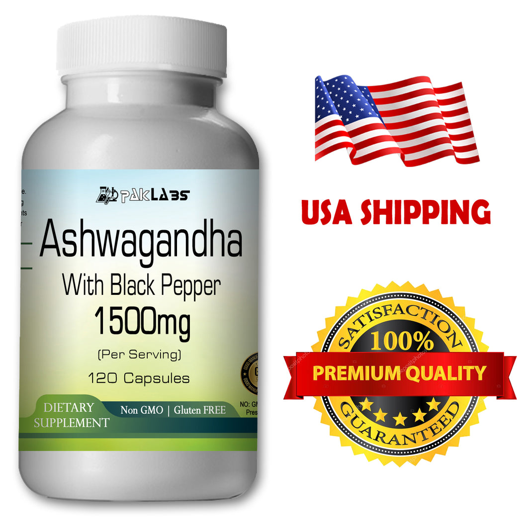 Ashwagandha with Black Pepper Extract Indian Ginseng 1500mg High Potency Big Bottle 120 Capsules PL
