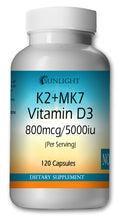 Load image into Gallery viewer, Vitamin K2 MK7 D3 800mcg 5000iu Large Bottles Of 120 Capsules Per Serving Sunlight
