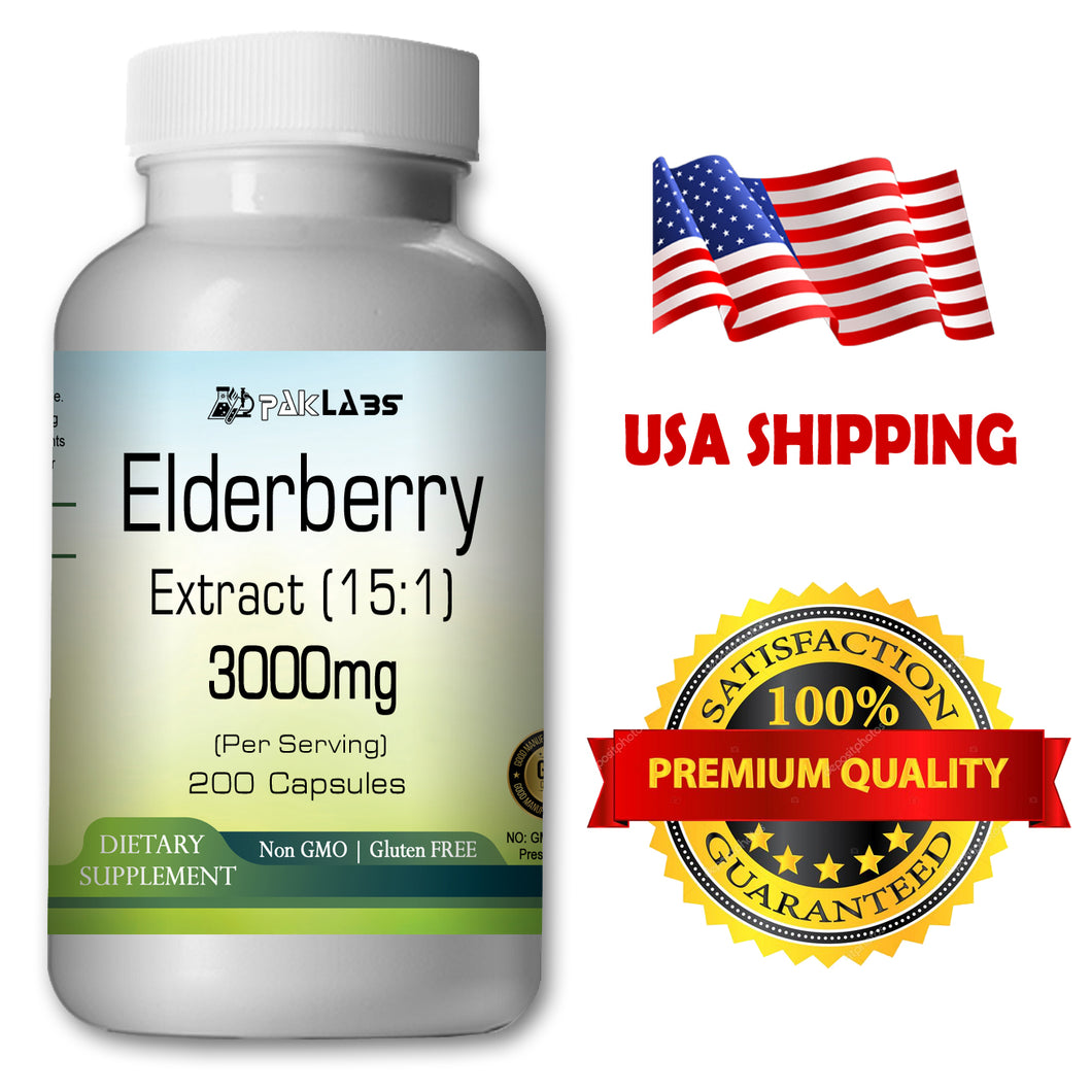 Elderberry Extract 15:1 High Potency 15 times Stronger 3000mg 200 CAPSULES PL