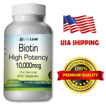 Load image into Gallery viewer, Biotin for Hair Nail and Skin High Potency 10,000mcg High Potency Big Bottle 200 Capsules PL