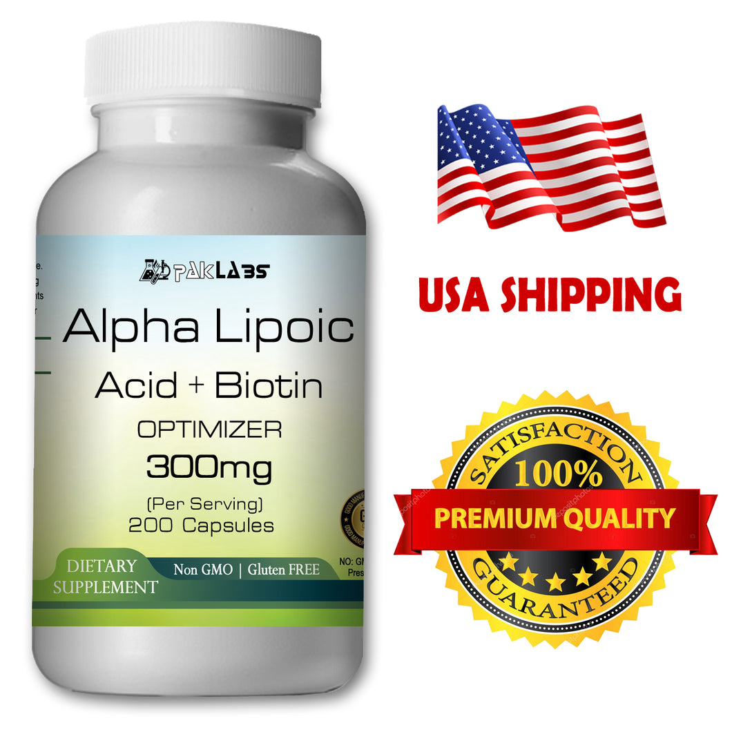 Alpha Lipoic Acid+Biotin Optimizer Complex 300mg Serving Big Bottle 200 Capsules PL
