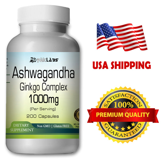 Ashwagandha with Ginkgo Biloba Indian Ginseng 1000mg High Potency Big Bottle 200 Capsules PL