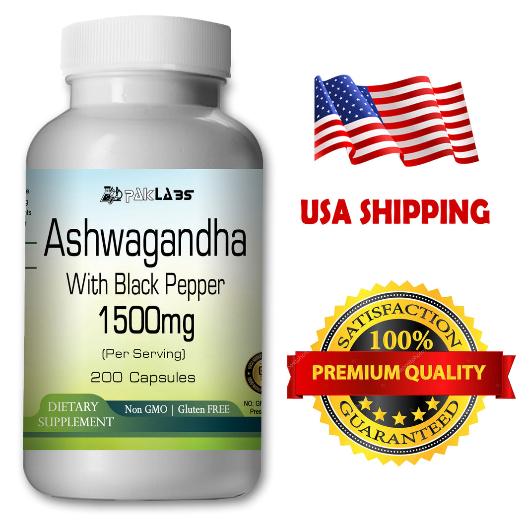 Ashwagandha with Black Pepper Extract Indian Ginseng 1500mg High Potency Big Bottle 200 Capsules PL
