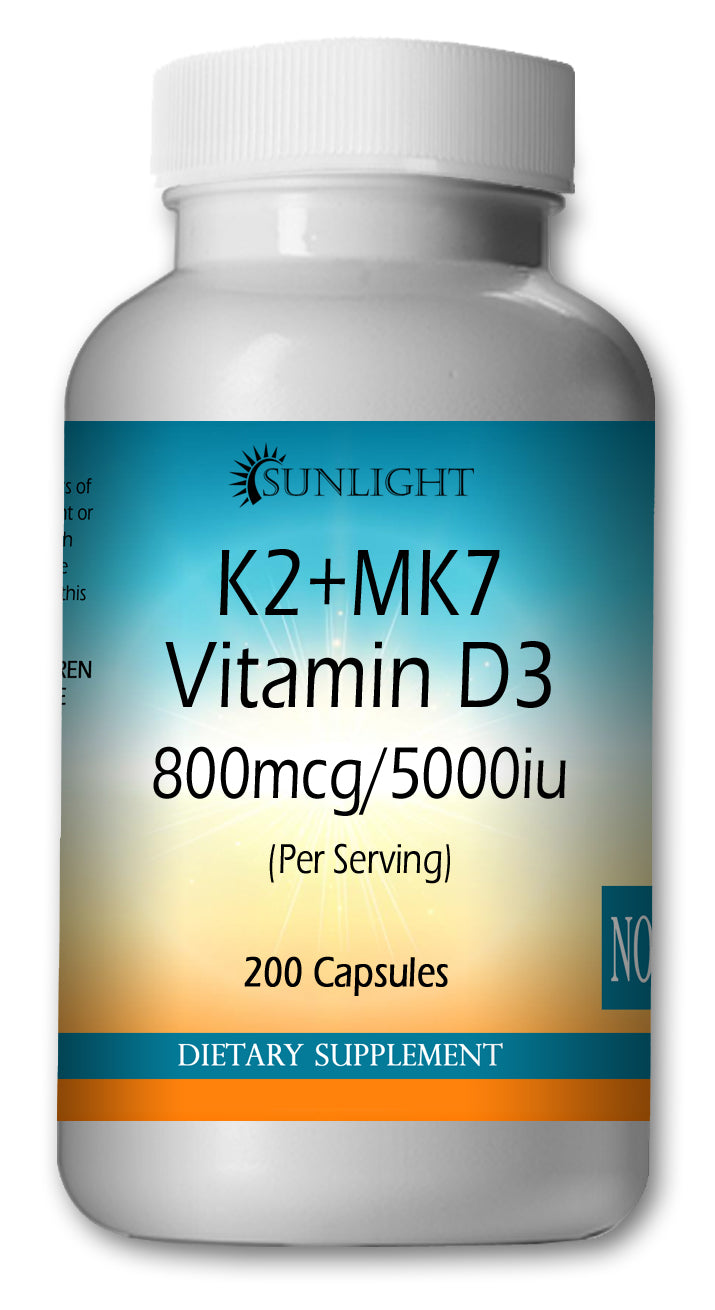 Vitamin K2 MK7 D3 800mcg 5000iu Large Bottles Of 200 Capsules Per Serving Sunlight