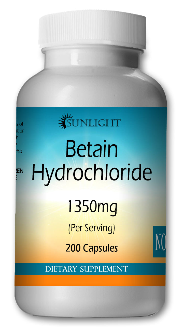 Betain HCL 1350mg-Large Bottles Of 200 Capsules Per Serving Sunlight