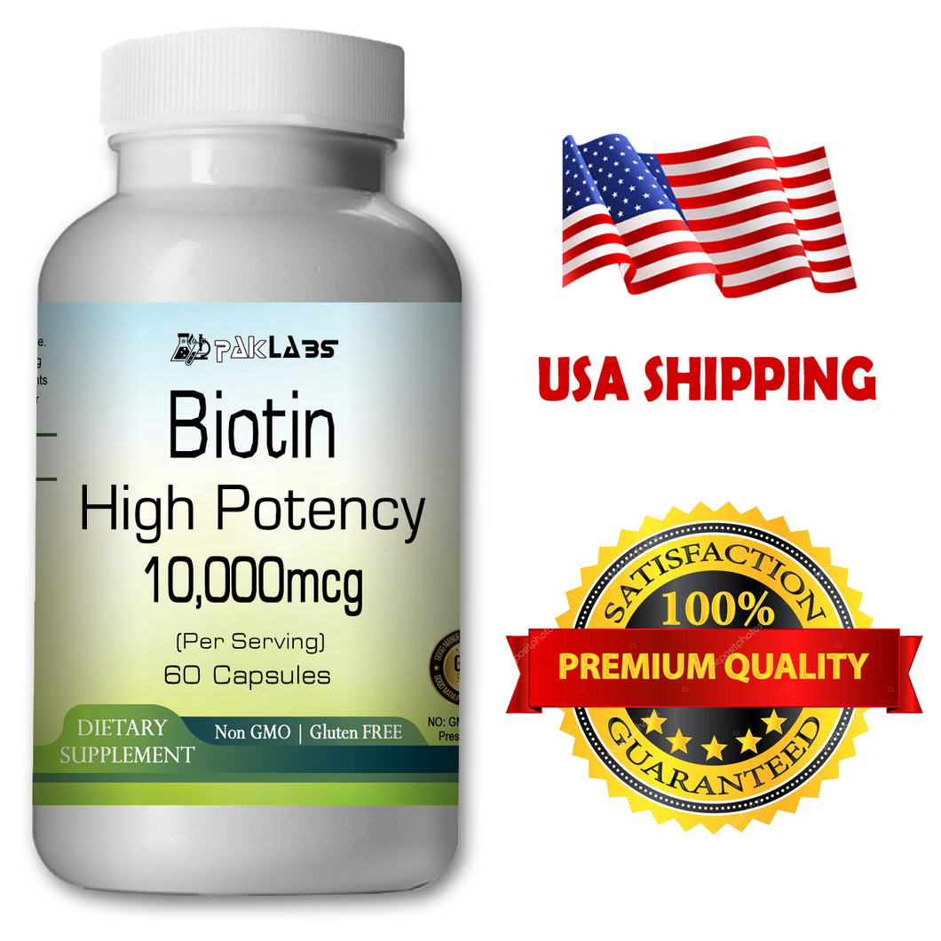 Biotin for Hair Nail and Skin High Potency 10,000mcg High Potency Big Bottle 60 Capsules PL