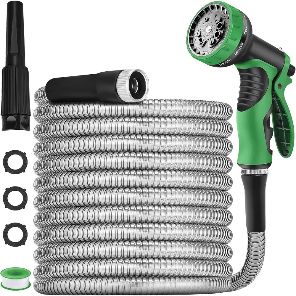 Heavy-Duty 200 Ft Stainless Steel Water Hose, Lightweight Metal Gardening Hose Pipe