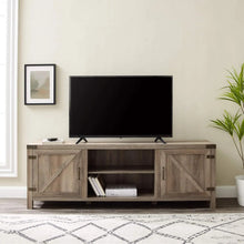 Load image into Gallery viewer, Grey Wash Modern Farmhouse Double Barn Door TV Stand, 70 Inch, for TVs up to 80 Inches