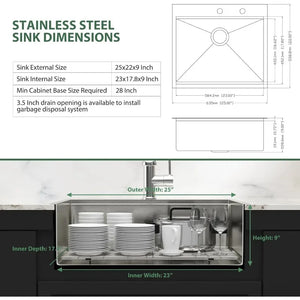 25" Stainless Steel Drop-In Kitchen Sink - 16 Gauge Single Bowl Workstation, 25x22x9