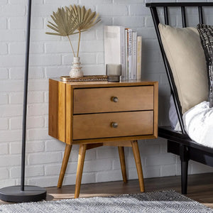 Mid-Century Modern 2-Piece 2-Drawer Solid Wood Nightstand Set | Caramel