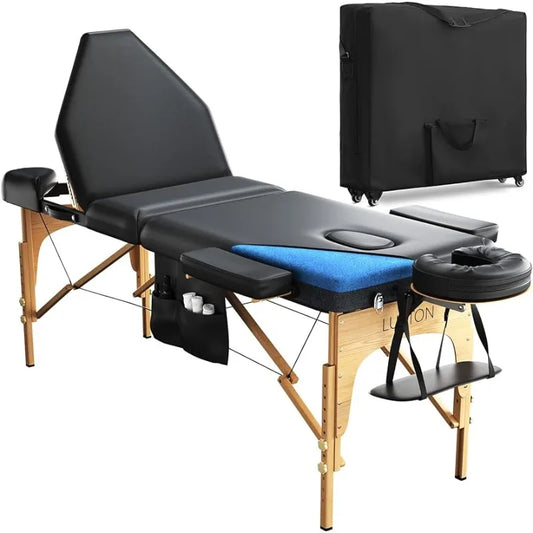 Home 3-Section Premium Memory Foam Massage Table with Rolling Travel Case - Easy Set Up