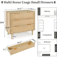 Load image into Gallery viewer, Wood 3-Drawer Dresser Chest, Rattan-Accented Storage for Kids&#39; Bedroom