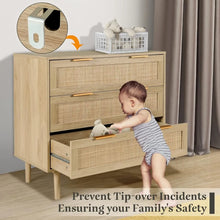 Load image into Gallery viewer, Wood 3-Drawer Dresser Chest, Rattan-Accented Storage for Kids&#39; Bedroom