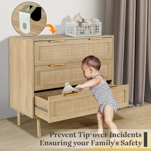 Wood 3-Drawer Dresser Chest, Rattan-Accented Storage for Kids' Bedroom