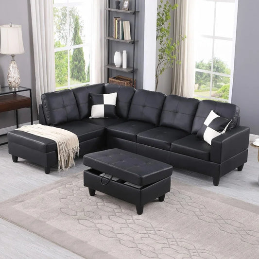 3-Piece L Shape Sectional Sofa - Right Chaise, Storage Ottoman, Modern Faux Leather