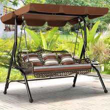 Load image into Gallery viewer, 3-Seat Patio Swing Chair with Canopy, Trays &amp; Cushions, Outdoor Wicker Lounge