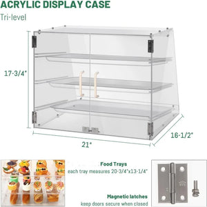 Commercial Countertop Bakery Display Case, 3 Trays, Rear Doors, 21"x17.75"x16.5"