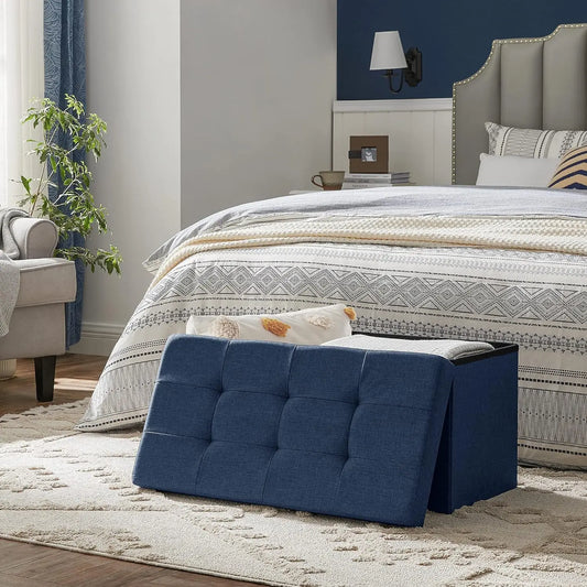 30" Folding Dark Blue Storage Ottoman Bench - Versatile Footrest Stool with Interior Storage