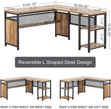 Load image into Gallery viewer, L-Shaped Industrial Office Desk, Reversible Wood/Metal Corner Desk with Shelves