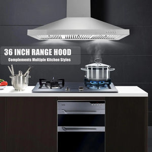 Stainless Steel Vent Hood - 36", Wall Mounted, Ducted/Ductless Kitchen with Push Button Control