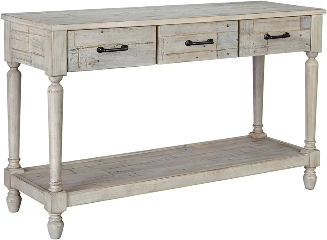 Farmhouse Solid Pine Wood Sofa Console Table, Whitewash Finish, Signature Design