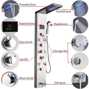 Stainless Steel LED Shower Panel Tower System - 6-Function Rainfall Waterfall Head