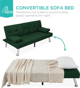 Modern Linen Folding Futon: Reclining Sofa Bed, Dark Green, Dorm Apartment
