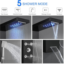 Load image into Gallery viewer, Black Rainfall Waterfall Shower Panel with LED Lights, 5-in-1 Shower Tower System