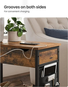 Modern Side Table with Storage & Fabric Bag - End Table Nightstand with USB Ports & Outlets