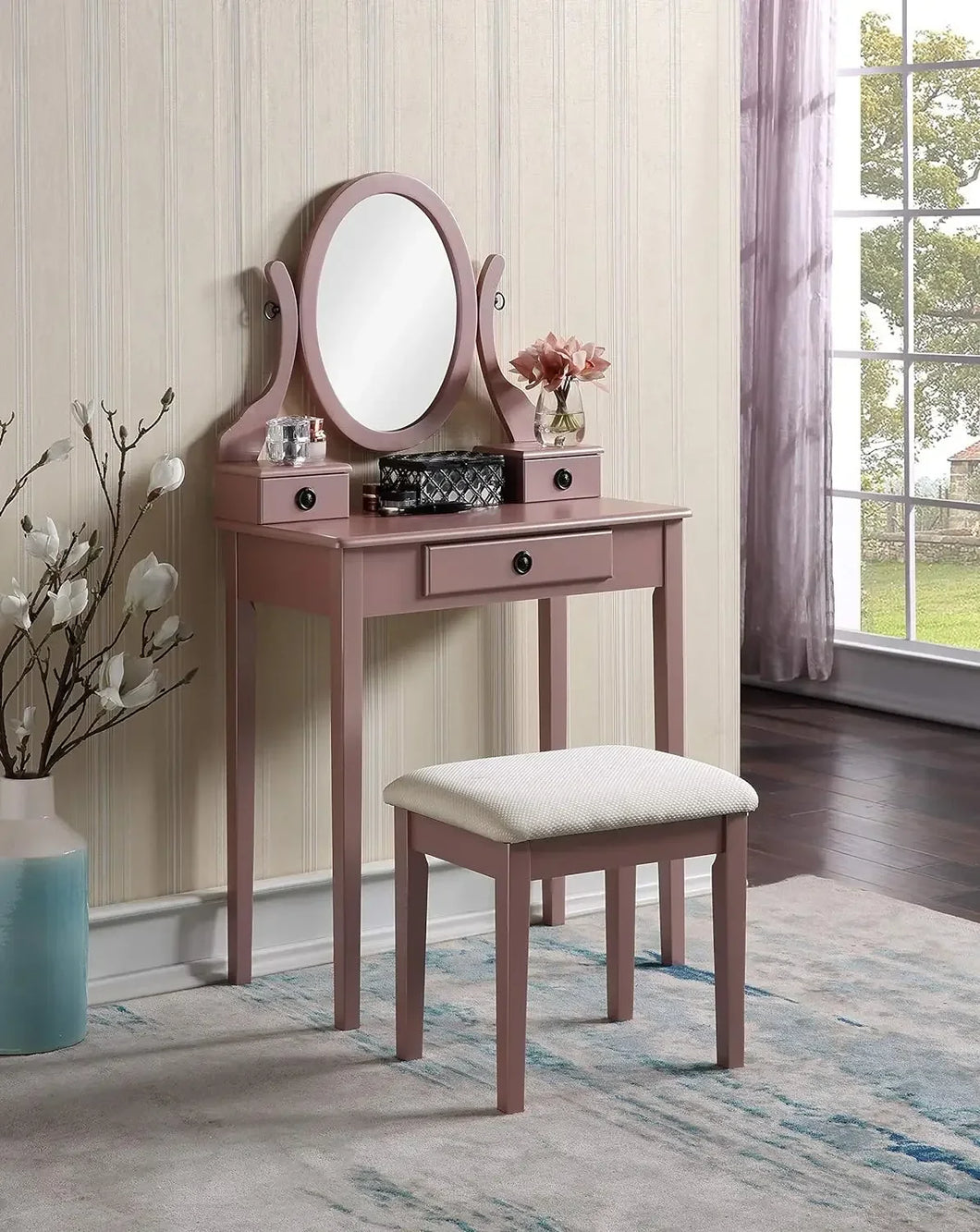 Rose Gold Makeup Vanity Table and Stool Set - Exquisite Bedroom Dressing Table