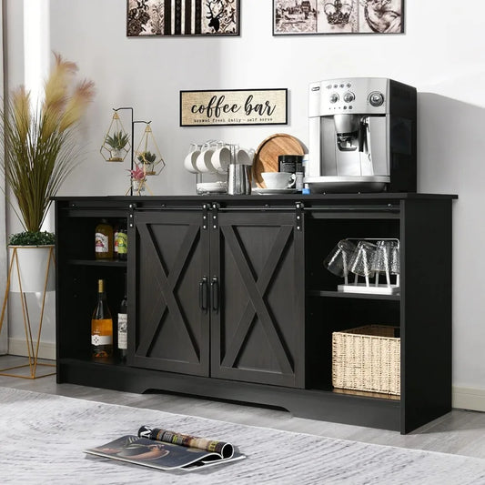 Farmhouse 59" Coffee Bar Table Cabinet, Sideboard Buffet with Sliding Barn Doors