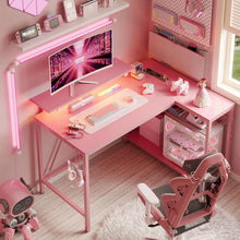 Load image into Gallery viewer, 42&quot; L-Shaped Computer Desk, Reversible Shelves, 42 LED Lights, Pink Carbon Fiber Finish