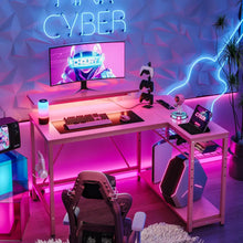 Load image into Gallery viewer, 42&quot; L-Shaped Computer Desk, Reversible Shelves, 42 LED Lights, Pink Carbon Fiber Finish