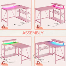 Load image into Gallery viewer, 42&quot; L-Shaped Computer Desk, Reversible Shelves, 42 LED Lights, Pink Carbon Fiber Finish