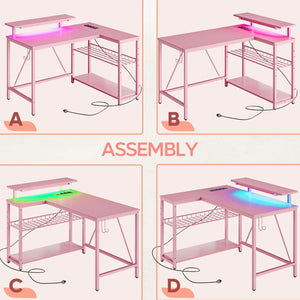 42" L-Shaped Computer Desk, Reversible Shelves, 42 LED Lights, Pink Carbon Fiber Finish