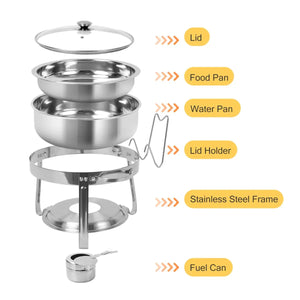 Round Chafing Dish Buffet Set, 6 Packs, 4 QT Stainless Steel Dishes with Glass Lid & Holder