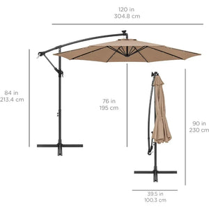 10ft Offset Hanging Patio Umbrella, Solar LED Lighting, Easy Tilt Adjustment, 8 Ribs