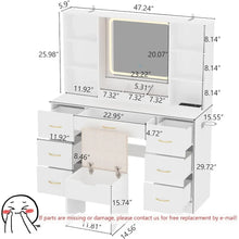 Load image into Gallery viewer, Lighted Makeup Vanity Desk with Drawers - 47&quot; White Vanity Set, LED Mirror, Stool