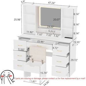 Lighted Makeup Vanity Desk with Drawers - 47" White Vanity Set, LED Mirror, Stool