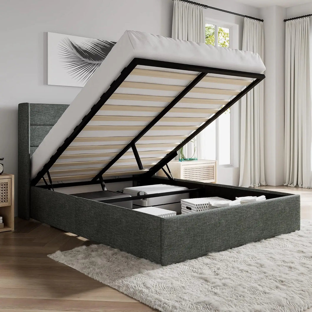 Full Size Upholstered Storage Bed: Lift Up, Modern Design Gray Grey