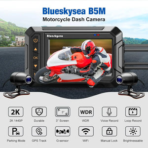 Motorcycle Dash Cam B5M 2K 30fps Dual Wide Angle 150° Lens DVR 3'' IPS Screen