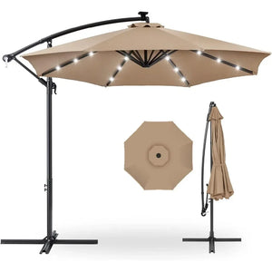 10ft Offset Hanging Patio Umbrella, Solar LED Lighting, Easy Tilt Adjustment, 8 Ribs