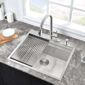 Stainless Steel Kitchen Sink 25 Inch Drop-In Workstation, Double Ledges