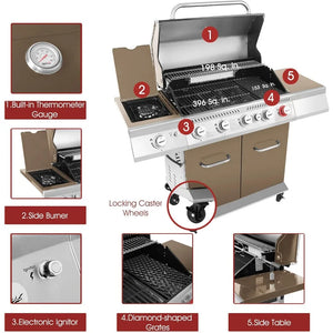 Premium 5-Burner Propane Gas Grill w/Cabinet - Featuring Sear, Rear & Side Burners